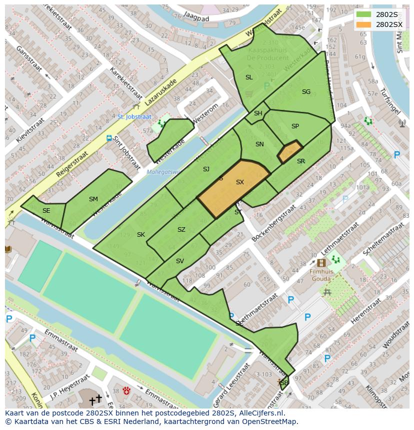 Afbeelding van het postcodegebied 2802 SX op de kaart.