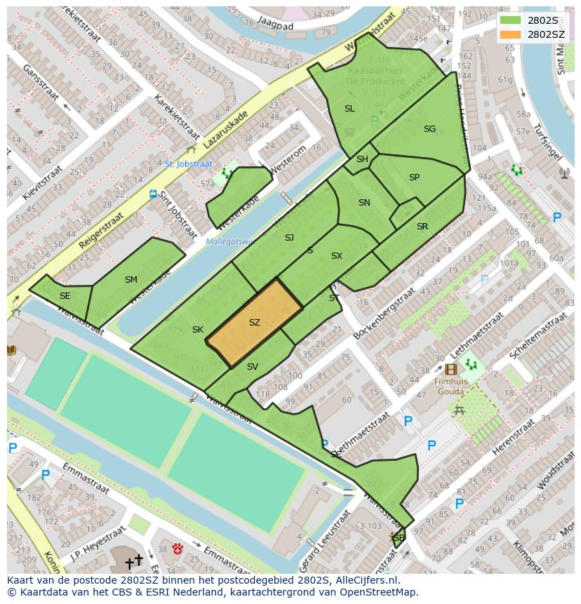 Afbeelding van het postcodegebied 2802 SZ op de kaart.