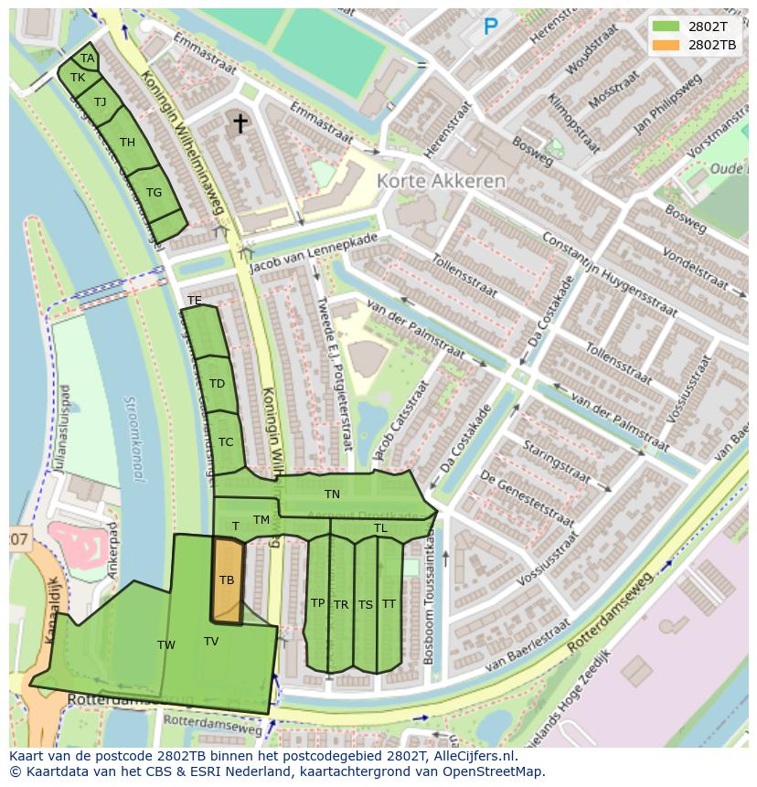 Afbeelding van het postcodegebied 2802 TB op de kaart.