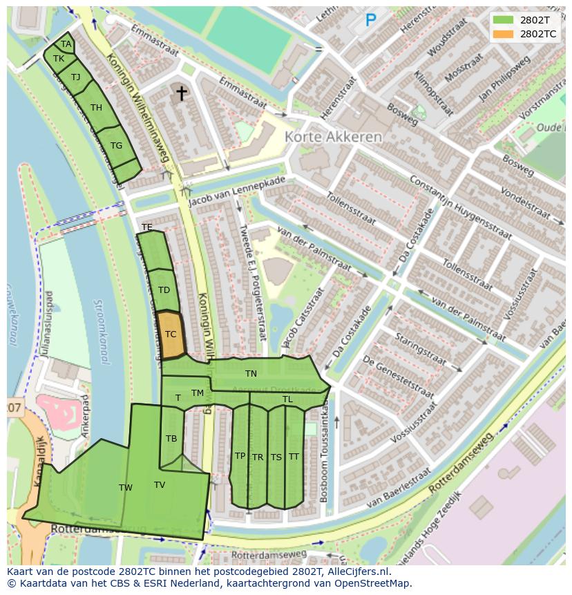 Afbeelding van het postcodegebied 2802 TC op de kaart.