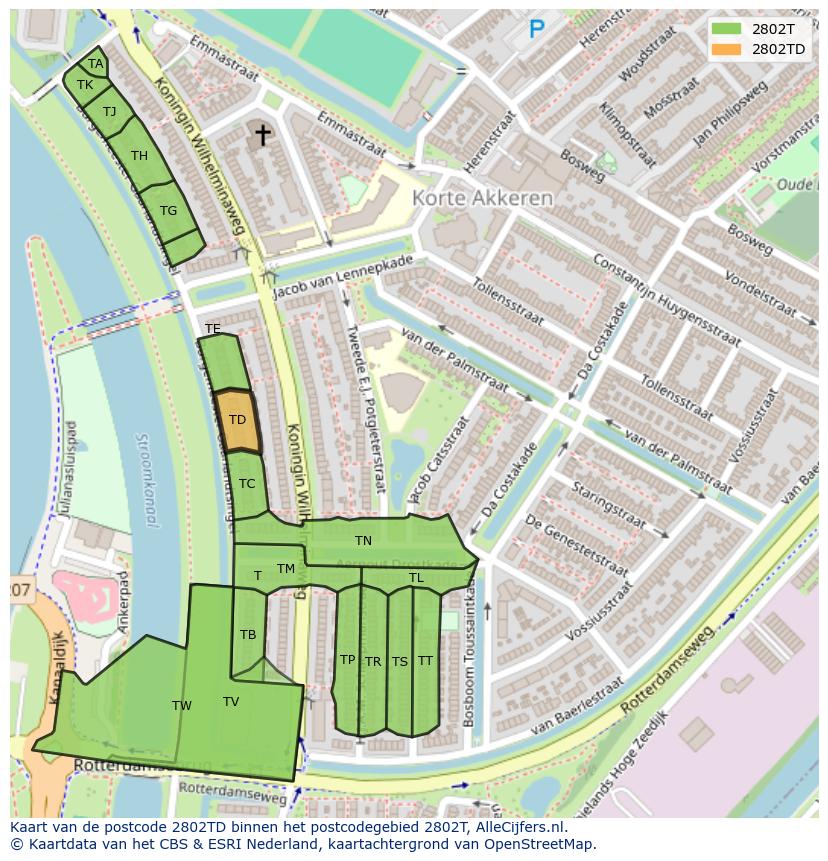 Afbeelding van het postcodegebied 2802 TD op de kaart.
