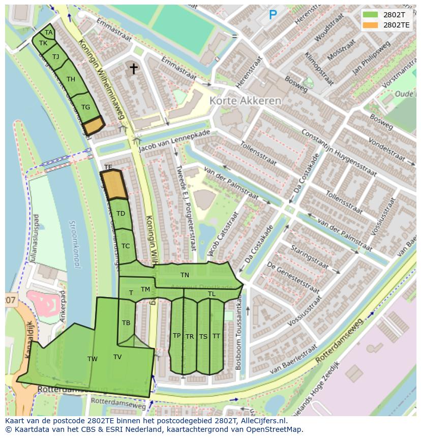 Afbeelding van het postcodegebied 2802 TE op de kaart.