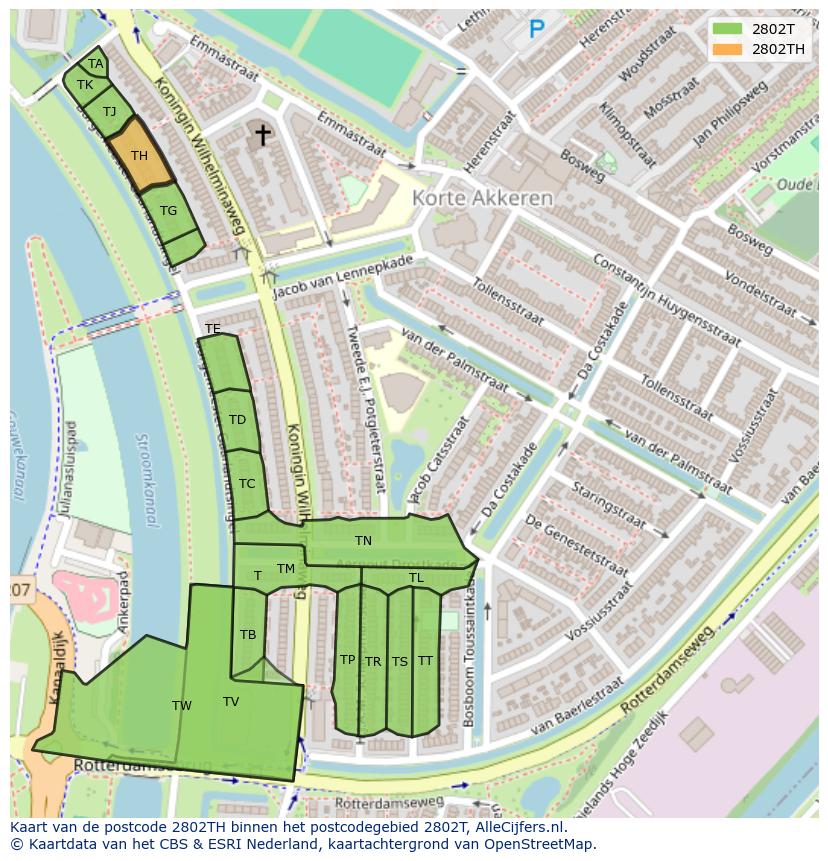 Afbeelding van het postcodegebied 2802 TH op de kaart.