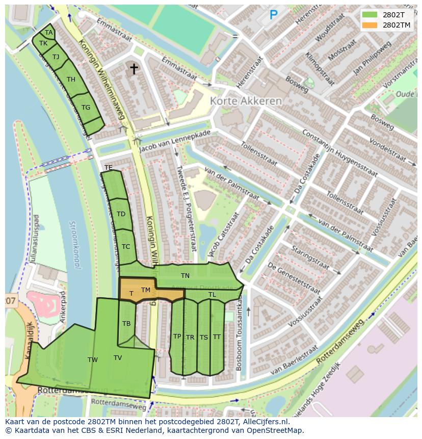 Afbeelding van het postcodegebied 2802 TM op de kaart.