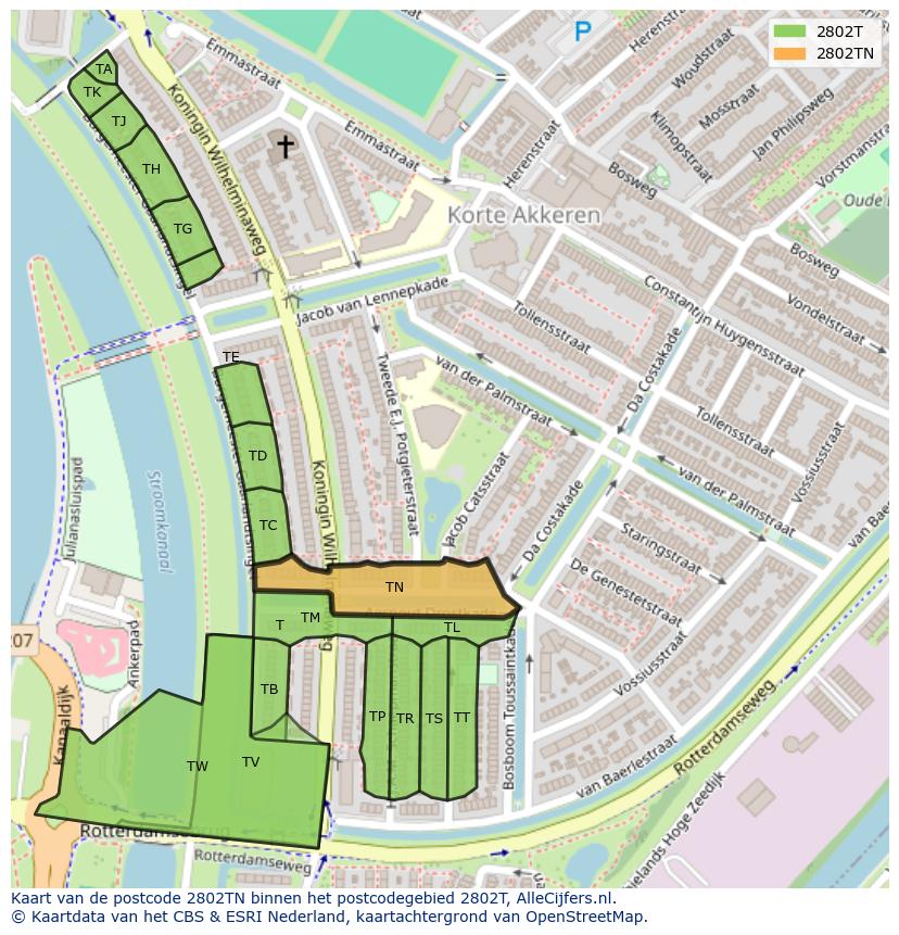 Afbeelding van het postcodegebied 2802 TN op de kaart.