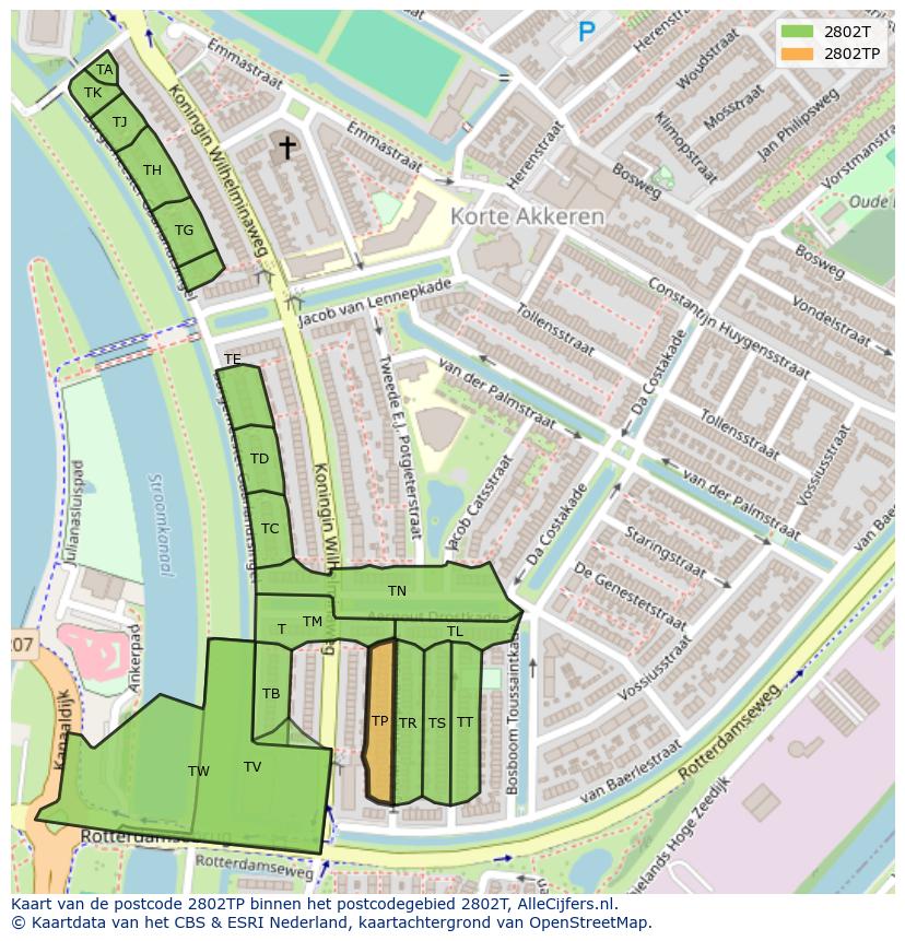 Afbeelding van het postcodegebied 2802 TP op de kaart.