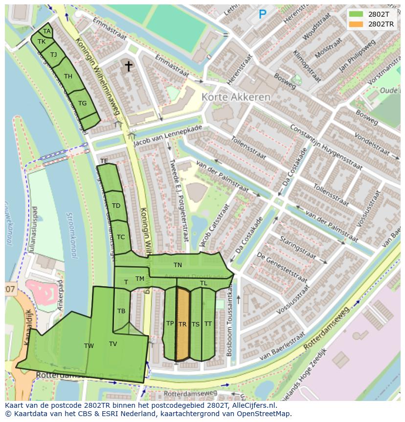 Afbeelding van het postcodegebied 2802 TR op de kaart.