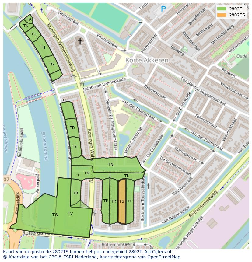 Afbeelding van het postcodegebied 2802 TS op de kaart.