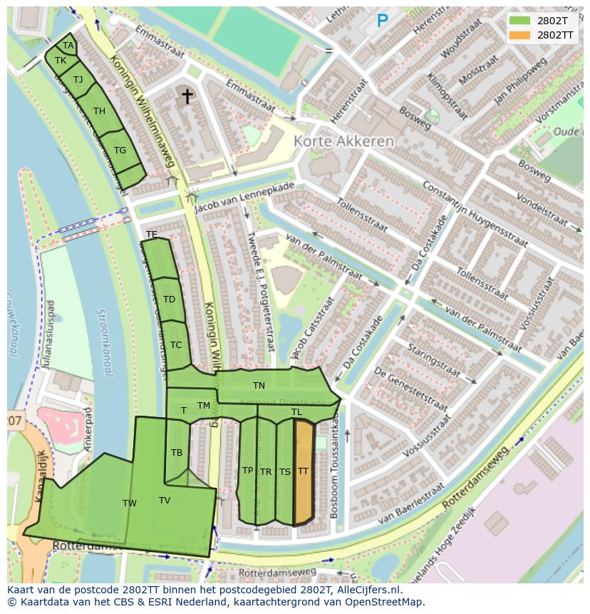 Afbeelding van het postcodegebied 2802 TT op de kaart.