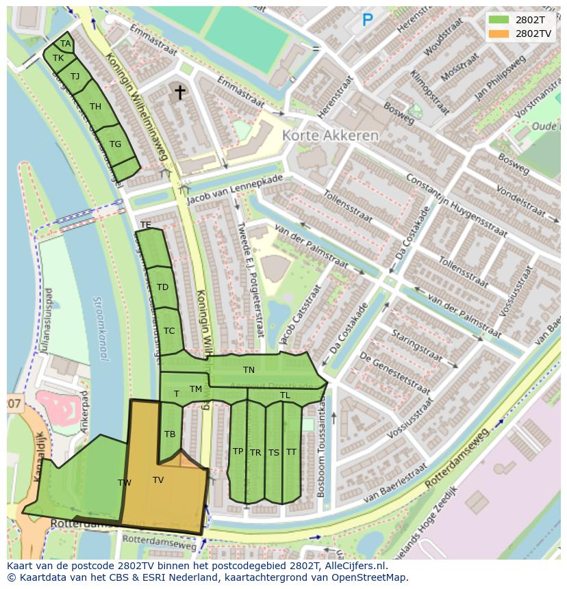 Afbeelding van het postcodegebied 2802 TV op de kaart.
