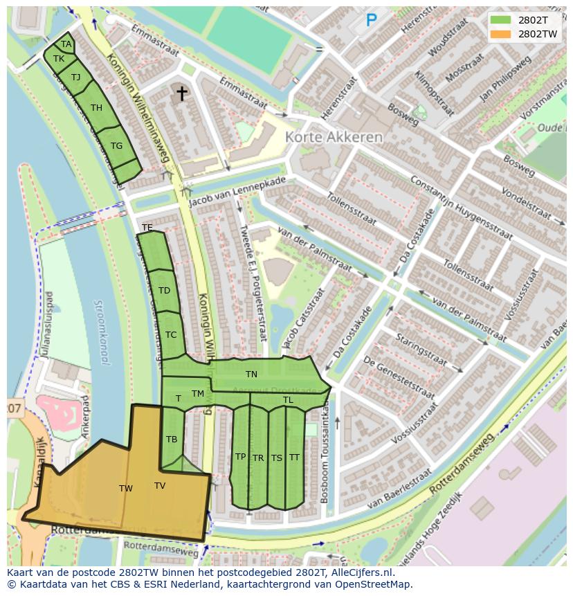 Afbeelding van het postcodegebied 2802 TW op de kaart.
