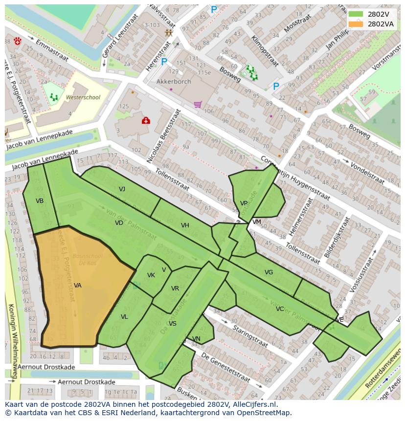 Afbeelding van het postcodegebied 2802 VA op de kaart.