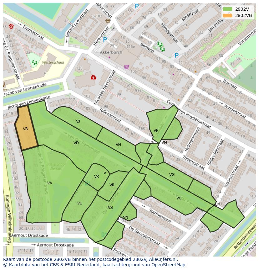 Afbeelding van het postcodegebied 2802 VB op de kaart.