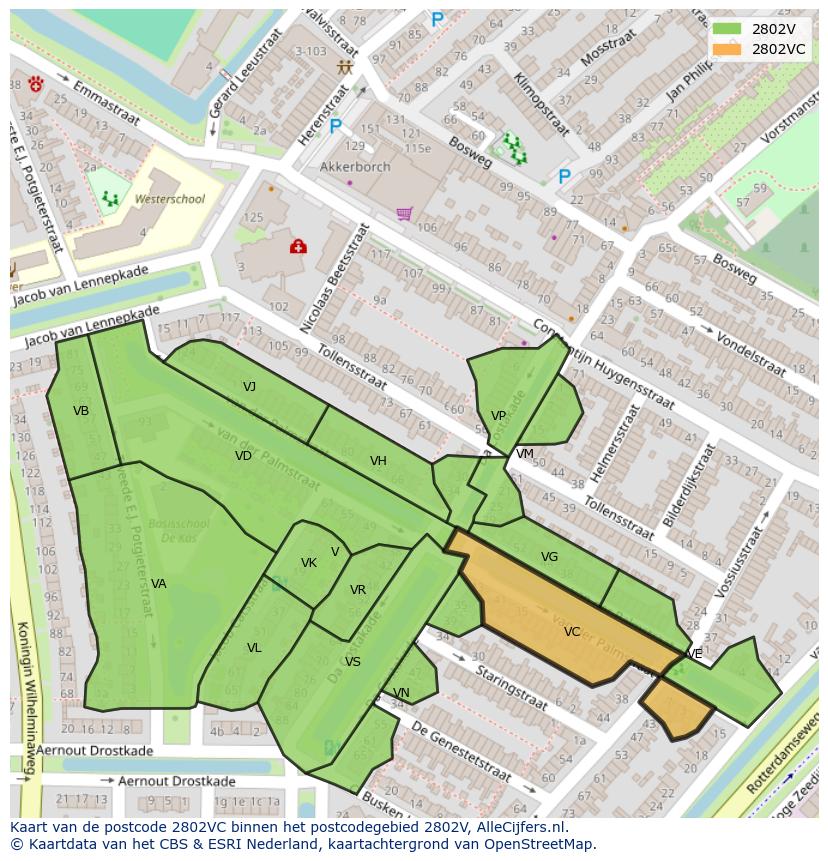 Afbeelding van het postcodegebied 2802 VC op de kaart.
