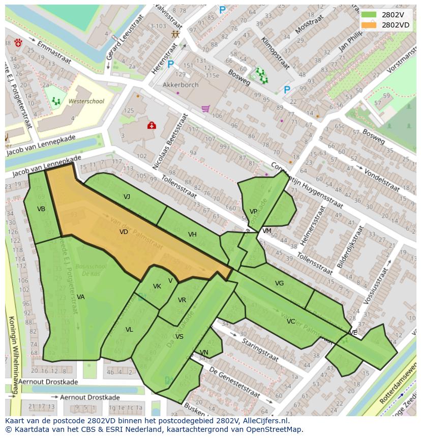 Afbeelding van het postcodegebied 2802 VD op de kaart.