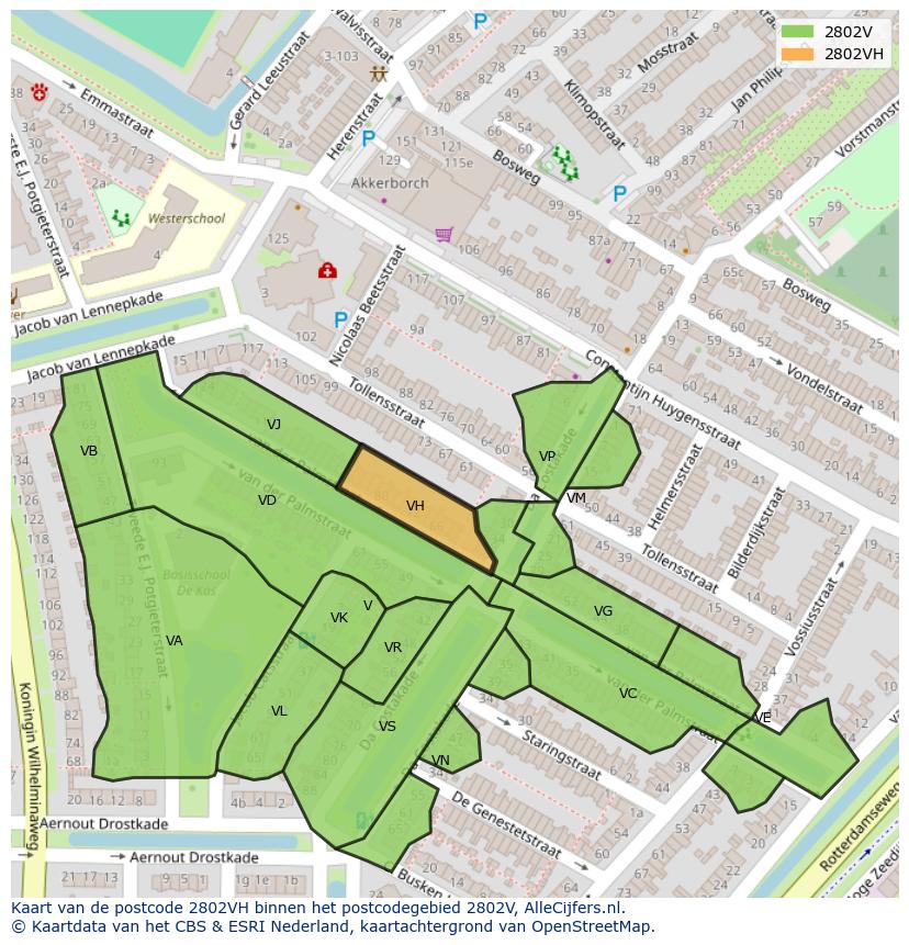 Afbeelding van het postcodegebied 2802 VH op de kaart.
