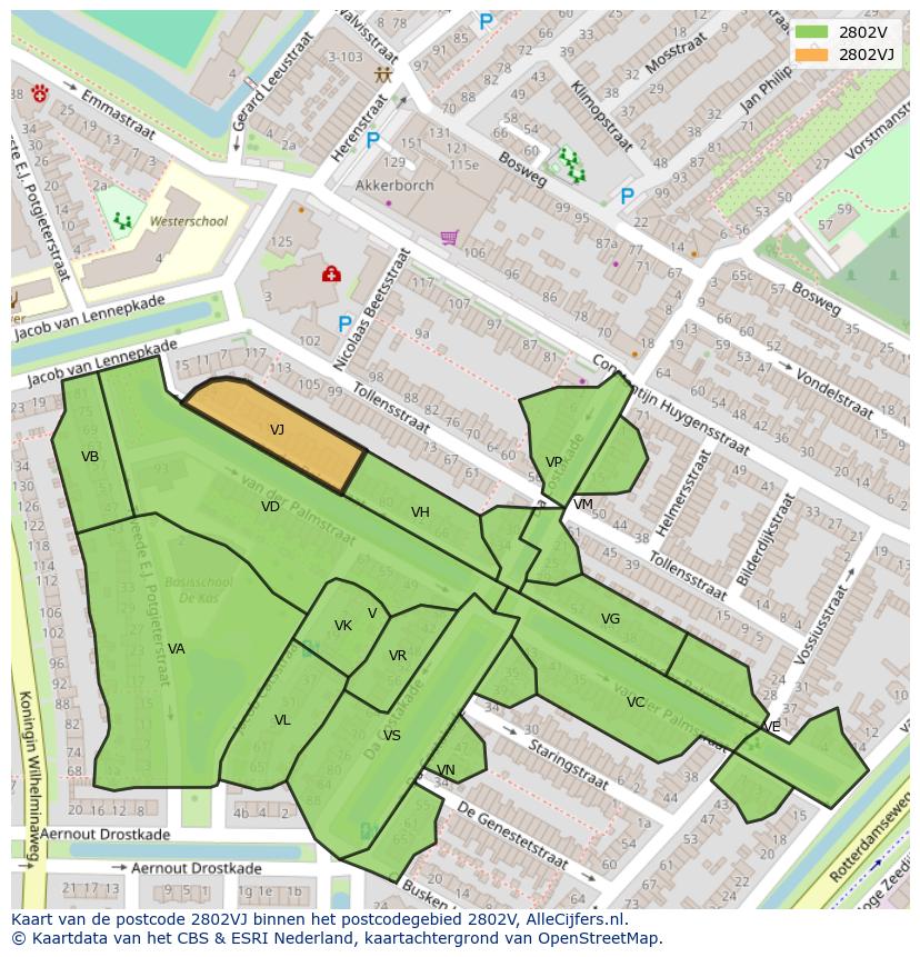 Afbeelding van het postcodegebied 2802 VJ op de kaart.