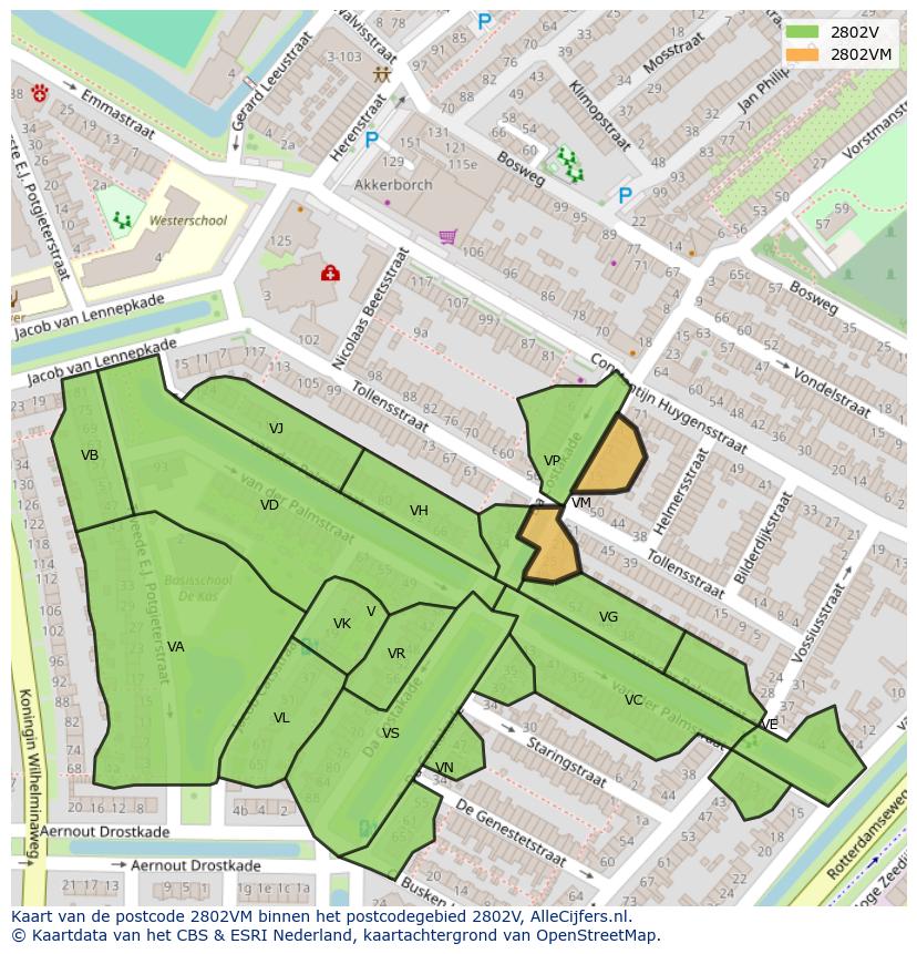 Afbeelding van het postcodegebied 2802 VM op de kaart.