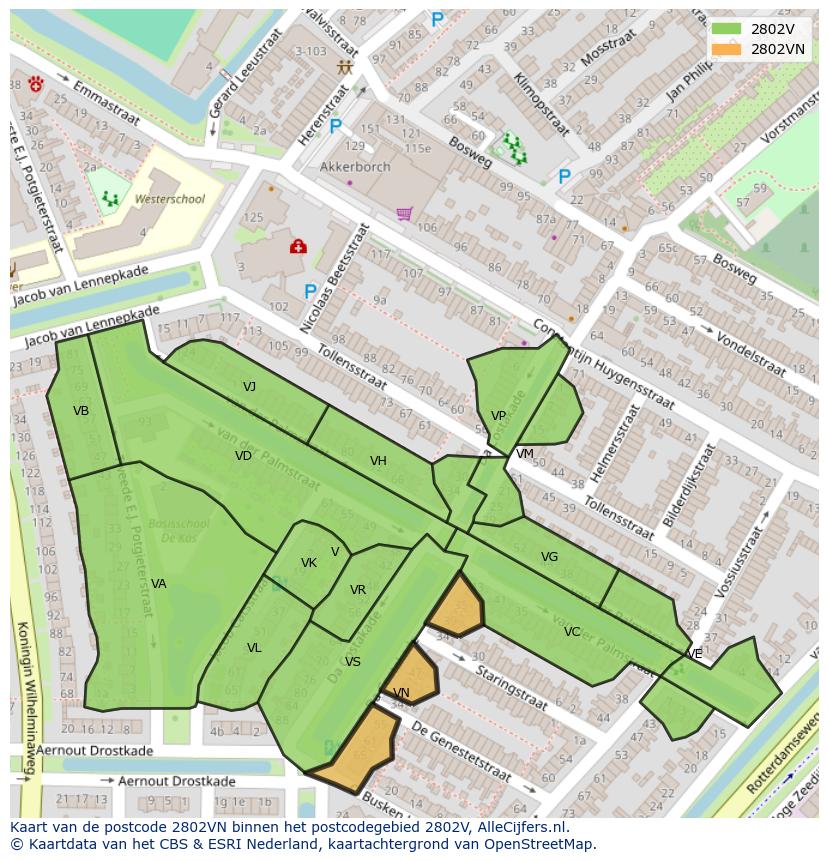 Afbeelding van het postcodegebied 2802 VN op de kaart.