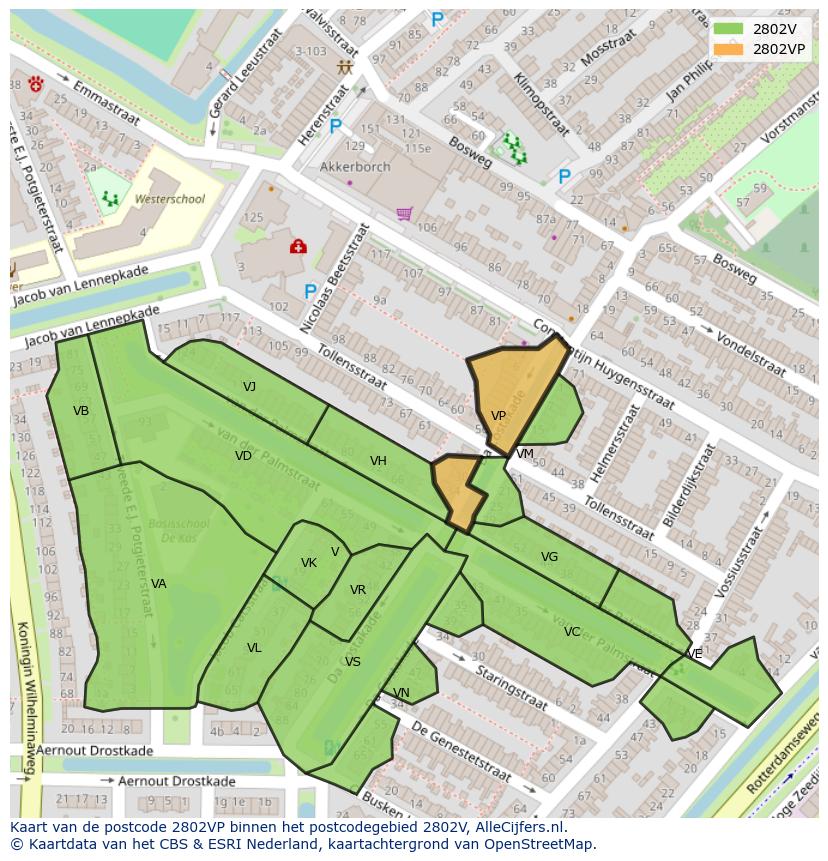 Afbeelding van het postcodegebied 2802 VP op de kaart.