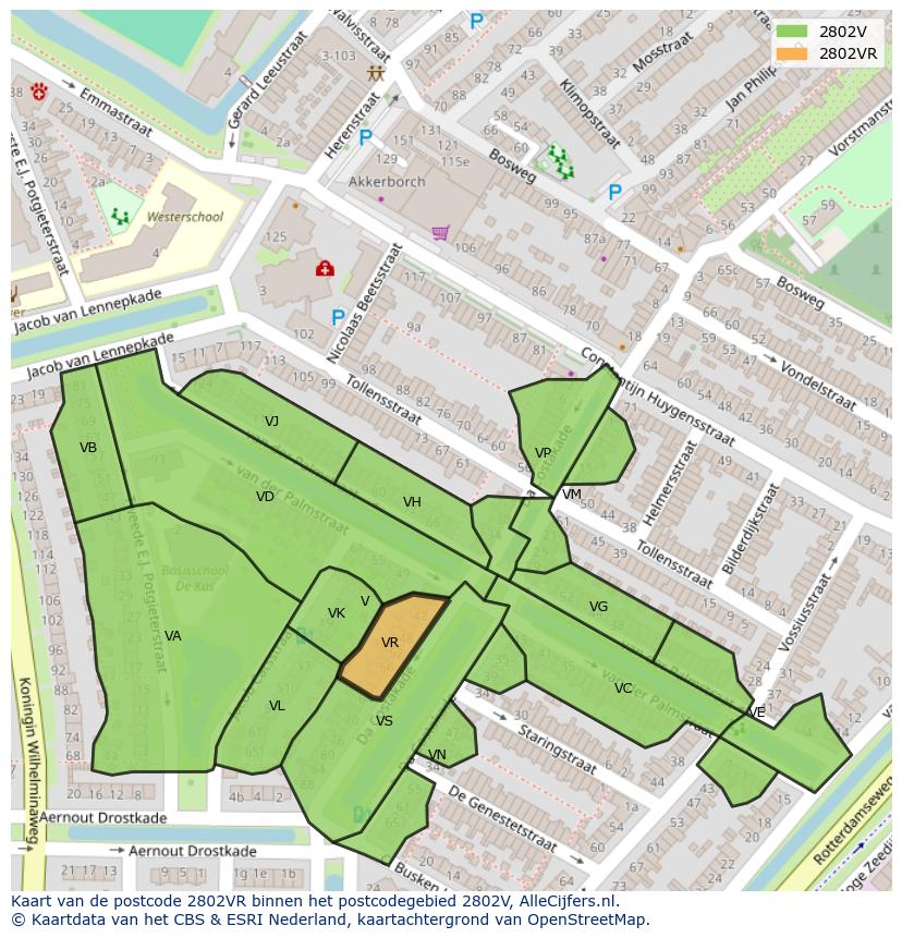 Afbeelding van het postcodegebied 2802 VR op de kaart.