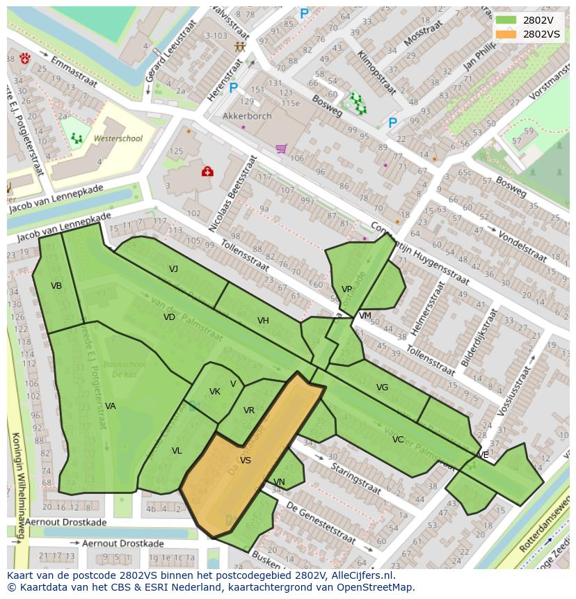 Afbeelding van het postcodegebied 2802 VS op de kaart.