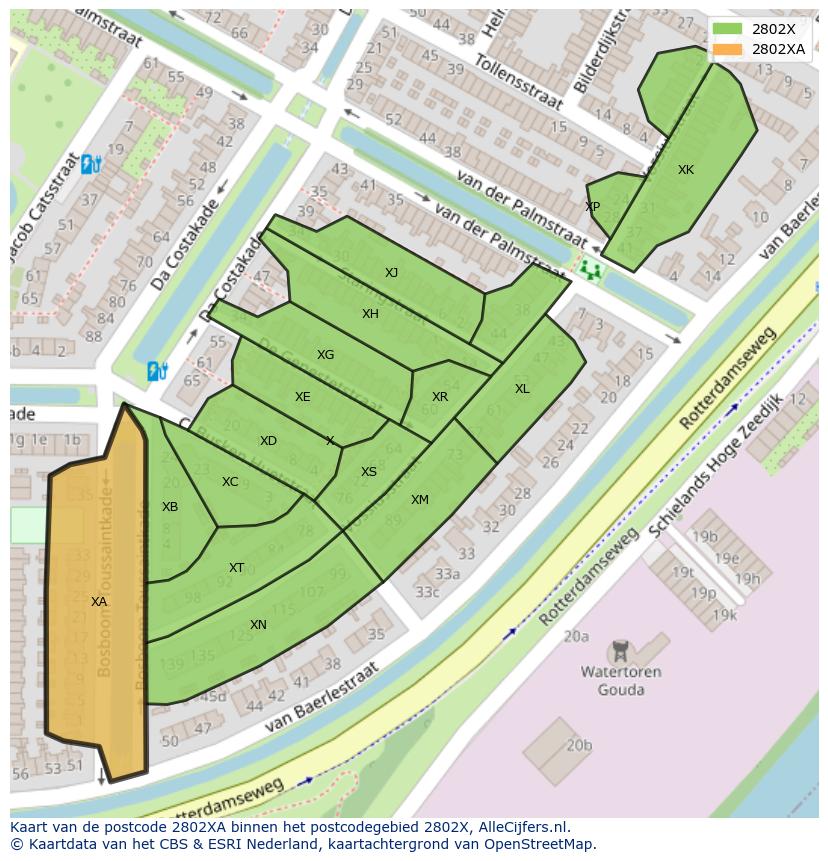 Afbeelding van het postcodegebied 2802 XA op de kaart.