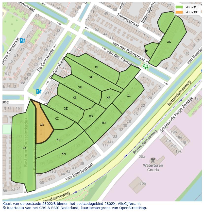 Afbeelding van het postcodegebied 2802 XB op de kaart.