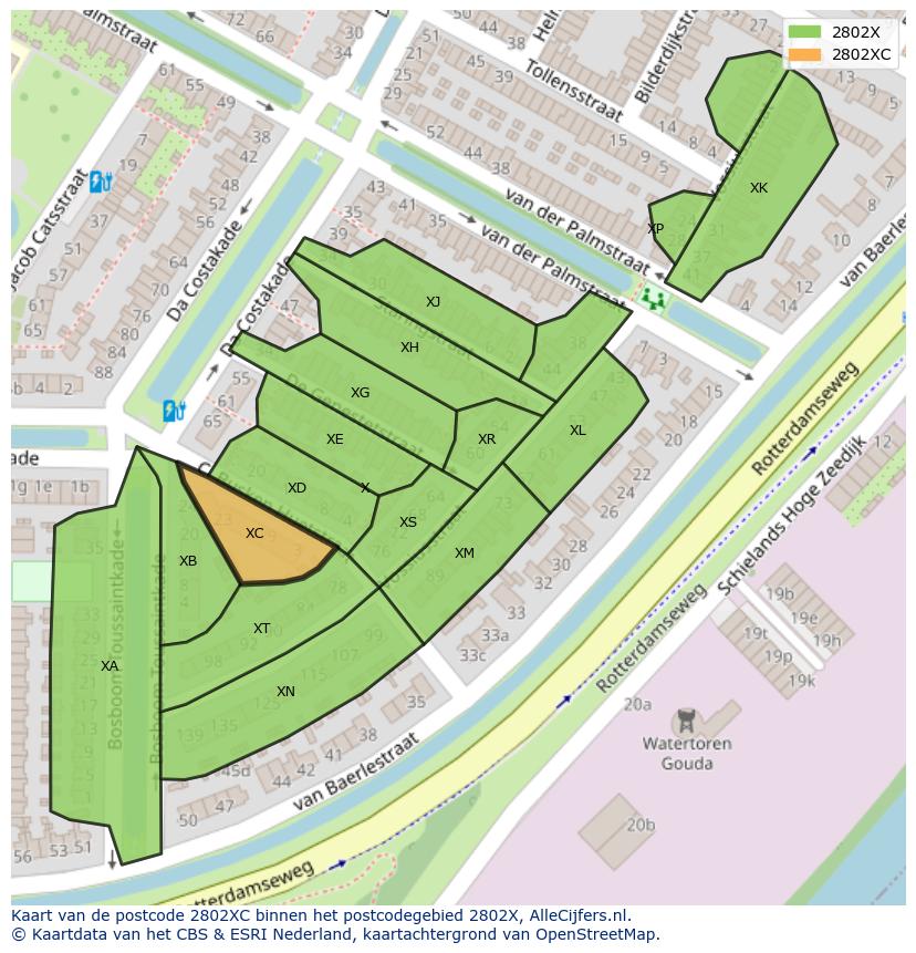 Afbeelding van het postcodegebied 2802 XC op de kaart.