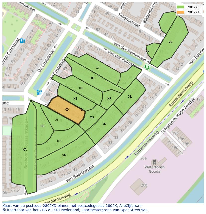 Afbeelding van het postcodegebied 2802 XD op de kaart.