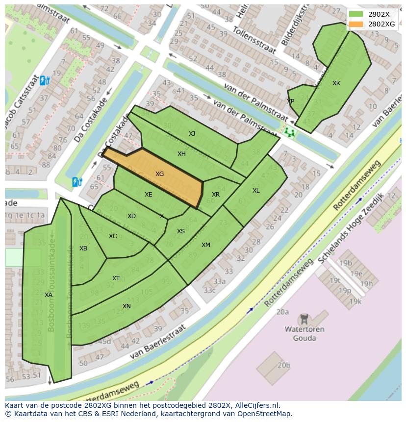Afbeelding van het postcodegebied 2802 XG op de kaart.