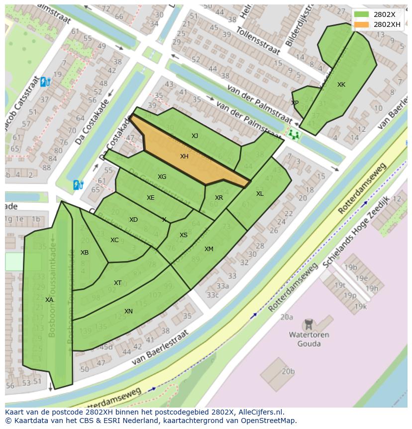 Afbeelding van het postcodegebied 2802 XH op de kaart.