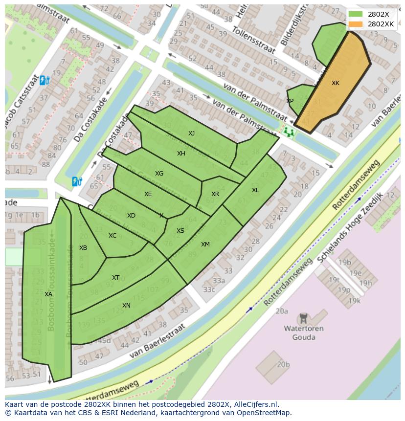 Afbeelding van het postcodegebied 2802 XK op de kaart.