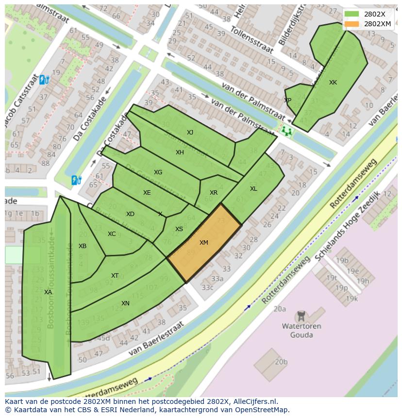 Afbeelding van het postcodegebied 2802 XM op de kaart.