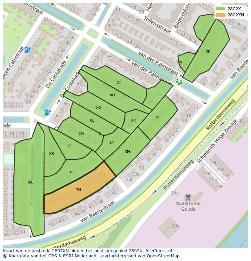 Afbeelding van het postcodegebied 2802 XN op de kaart.