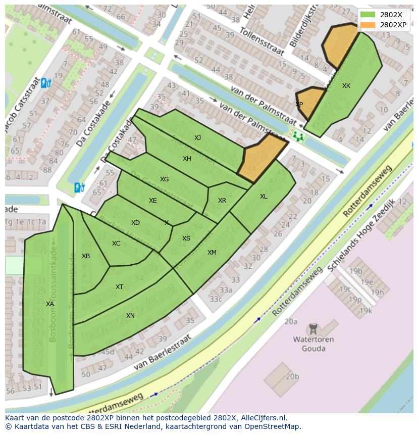 Afbeelding van het postcodegebied 2802 XP op de kaart.
