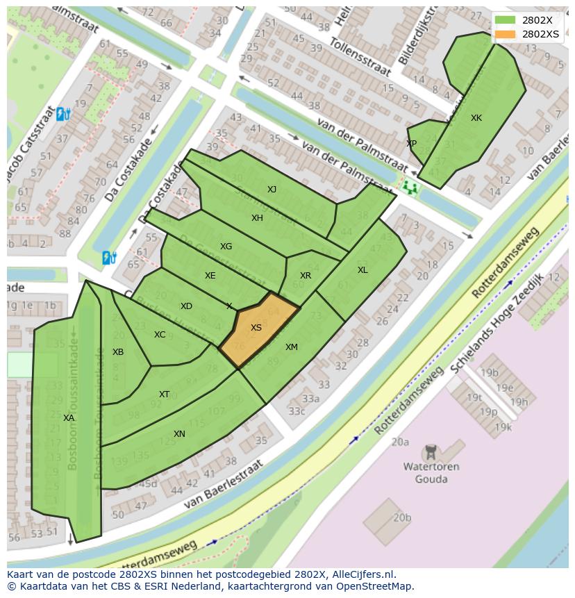 Afbeelding van het postcodegebied 2802 XS op de kaart.