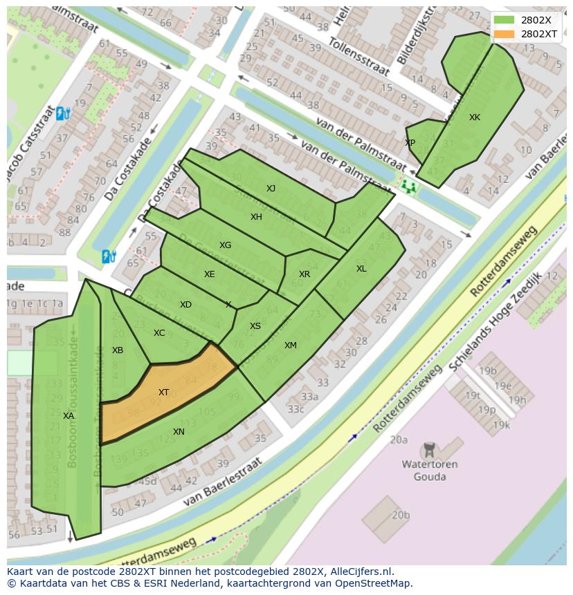 Afbeelding van het postcodegebied 2802 XT op de kaart.
