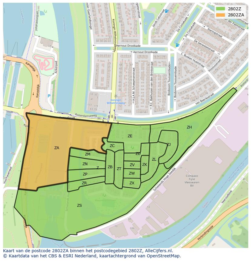 Afbeelding van het postcodegebied 2802 ZA op de kaart.