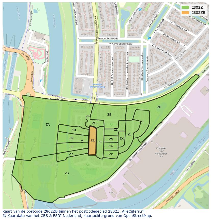 Afbeelding van het postcodegebied 2802 ZB op de kaart.