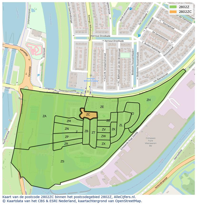 Afbeelding van het postcodegebied 2802 ZC op de kaart.