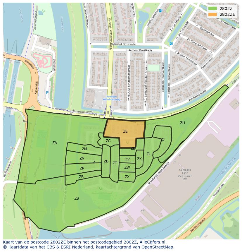 Afbeelding van het postcodegebied 2802 ZE op de kaart.