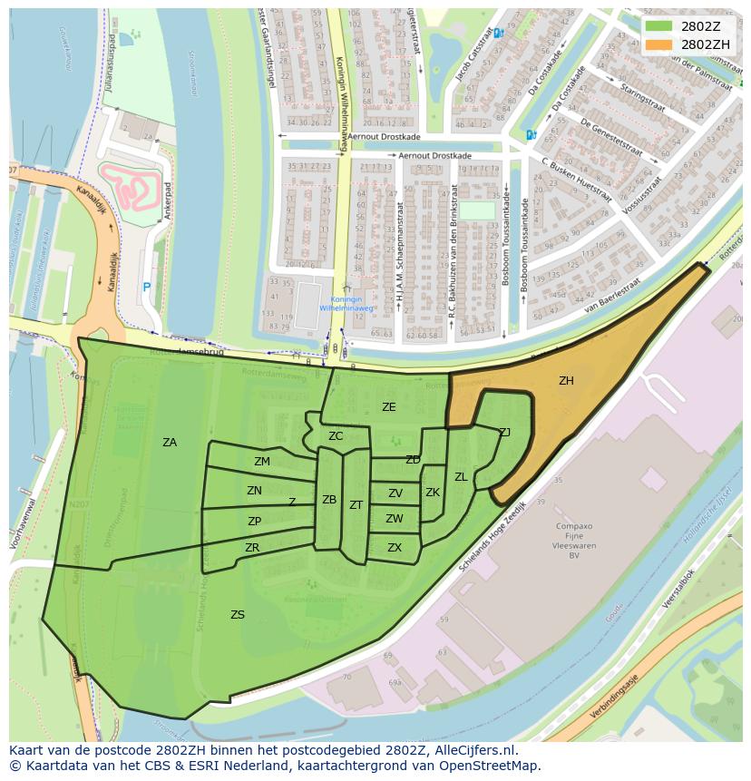 Afbeelding van het postcodegebied 2802 ZH op de kaart.