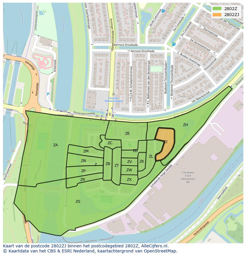 Afbeelding van het postcodegebied 2802 ZJ op de kaart.