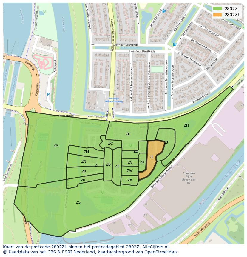 Afbeelding van het postcodegebied 2802 ZL op de kaart.