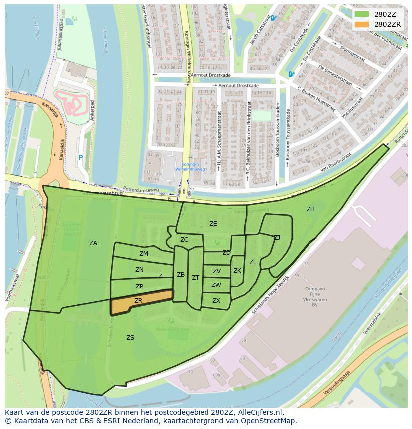Afbeelding van het postcodegebied 2802 ZR op de kaart.