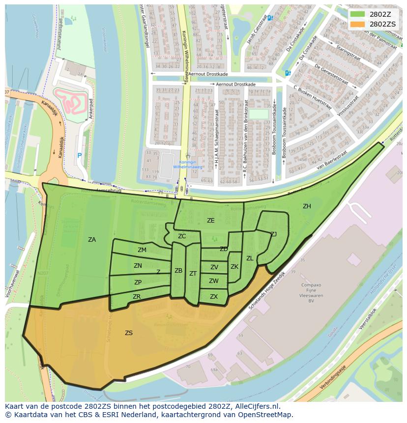 Afbeelding van het postcodegebied 2802 ZS op de kaart.