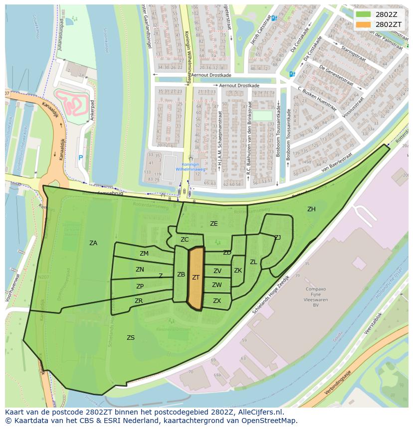 Afbeelding van het postcodegebied 2802 ZT op de kaart.