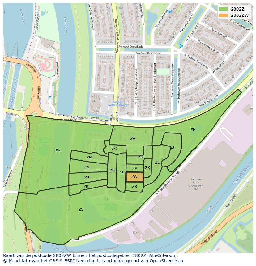 Afbeelding van het postcodegebied 2802 ZW op de kaart.
