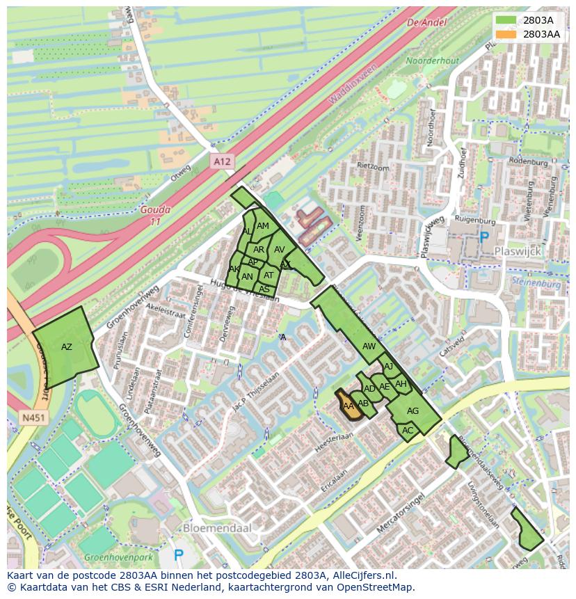 Afbeelding van het postcodegebied 2803 AA op de kaart.